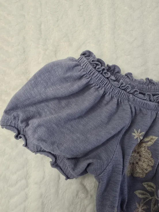 American Eagle Crop Top Blue Embroidered Floral Off Shoulder Short Sleeve M - Picture 5 of 12